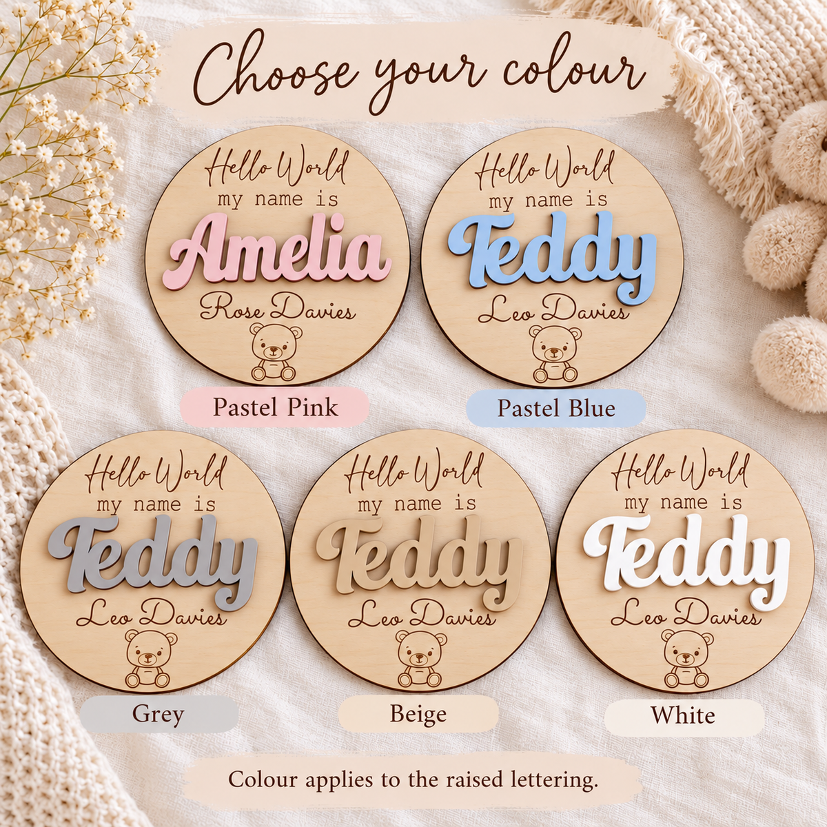 Five milestone disc lettering colours: Pastel Pink, Pastel Blue, Grey, Beige and White.