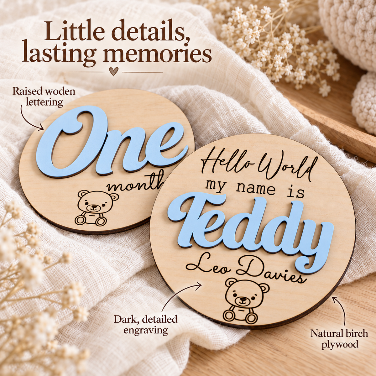 Close-up of Pastel Blue raised wooden lettering, dark teddy engraving and natural birch milestone discs.