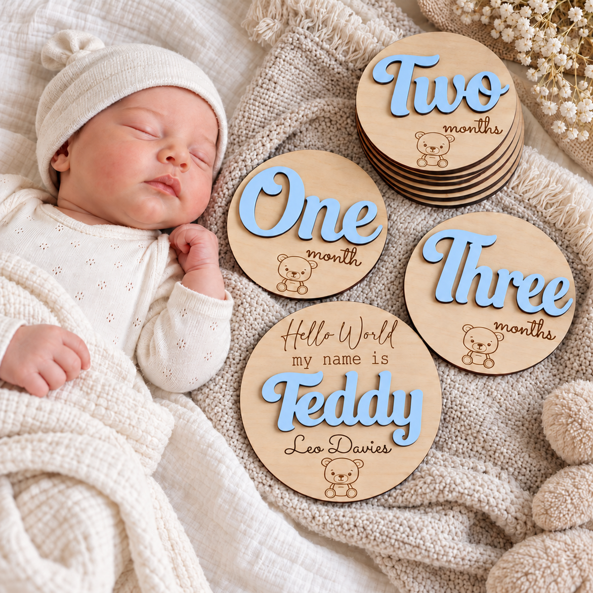 Pastel Blue personalised Teddy name plaque and matching wooden milestone discs beside a sleeping newborn.
