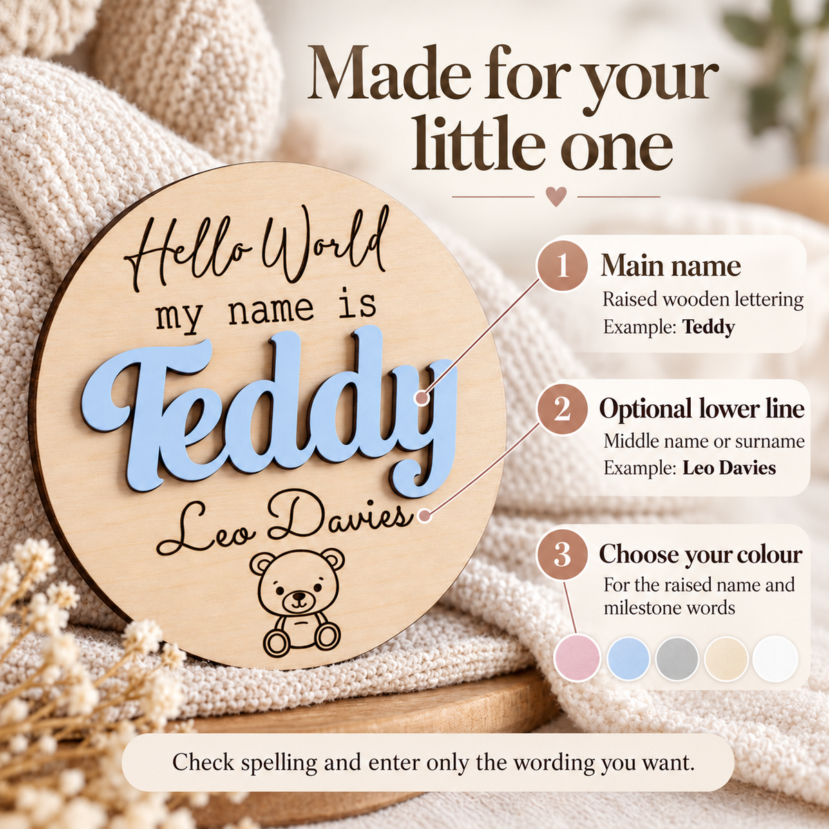 Personalisation guide showing raised first name, optional engraved middle name or surname and five lettering colours.