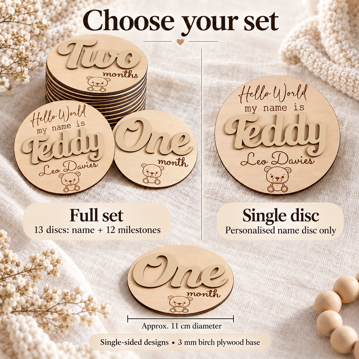 Full milestone plaque set compared with single personalised disc, approximately 11 cm diameter with 3 mm plywood base.