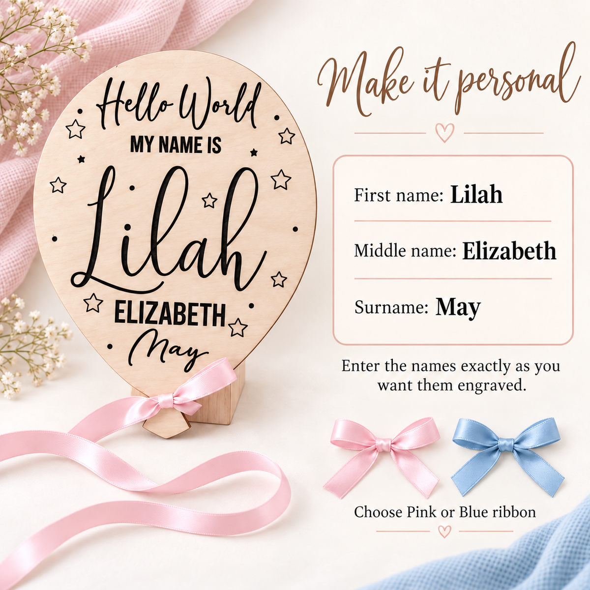 Personalisation example showing first name Lilah, middle name Elizabeth and surname May