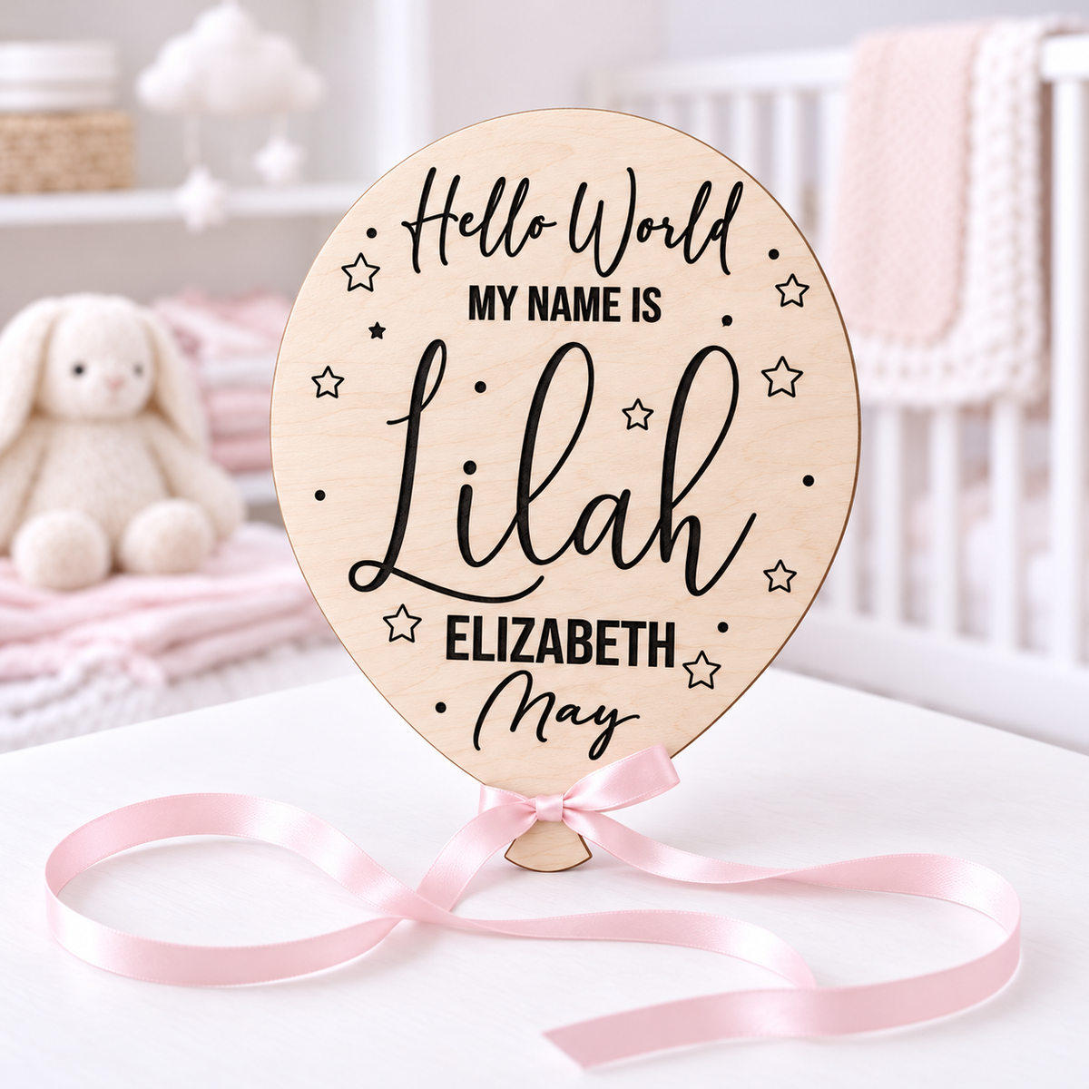 Hello World wooden star balloon with Lilah Elizabeth May engraving and pink satin ribbon
