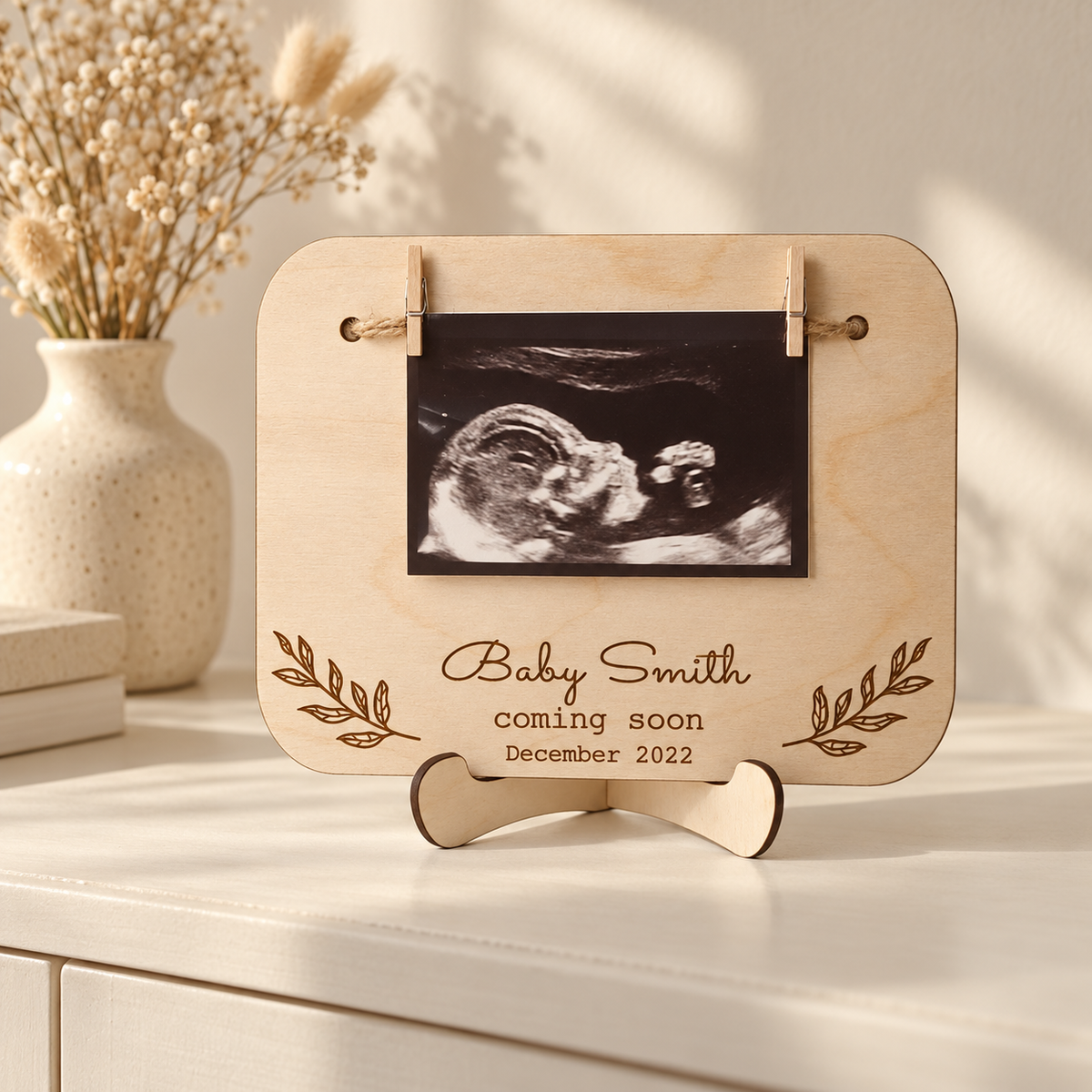 Wooden baby scan pregnancy keepsake displayed on a neutral console