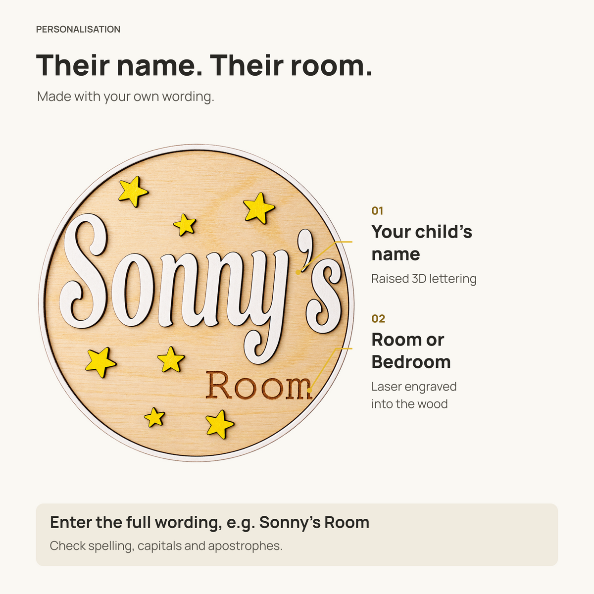 Personalisation guide showing the raised 3D name and laser engraved Room or Bedroom wording