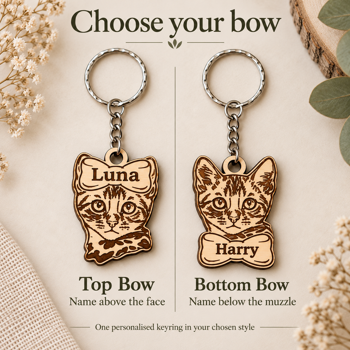 Bengal keyring bow comparison showing Luna with a top bow and Harry with a bottom bow; one keyring per order