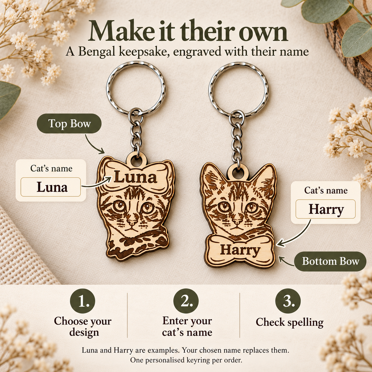 Bengal cat keyring personalisation guide: choose bow, enter your cat's name and check spelling, with Luna and Harry examples