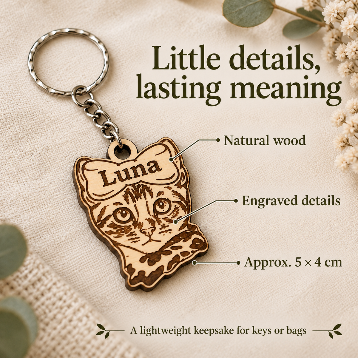 Natural wooden Bengal keyring with engraved details and approximate wooden charm size of 5 by 4 cm