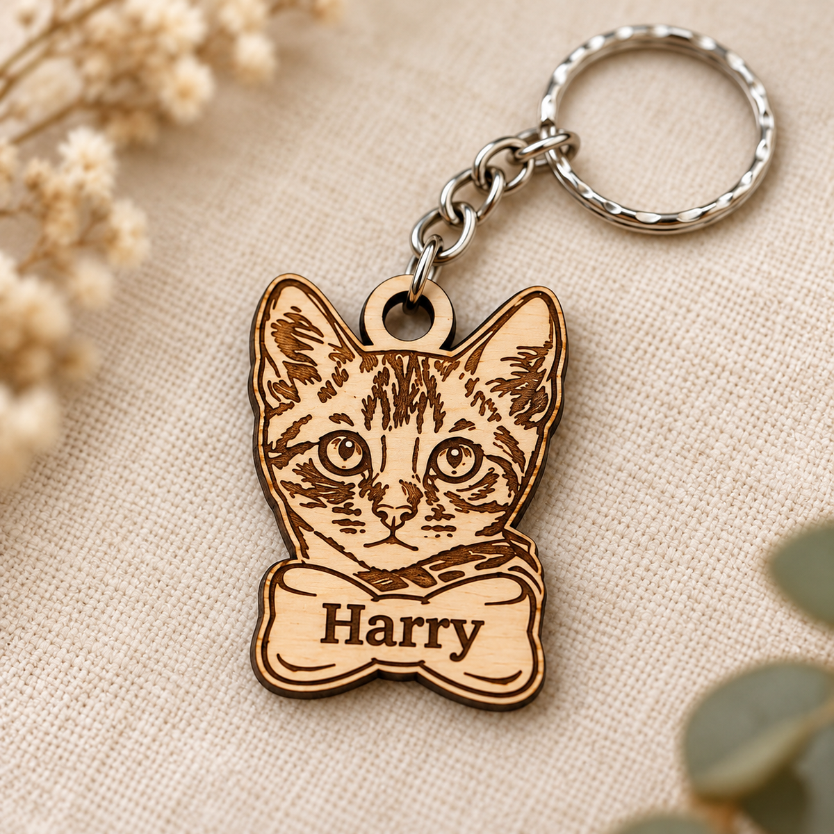 Close-up of Harry engraved on the bottom bow of a wooden Bengal cat keychain, showing face detail and cut edges