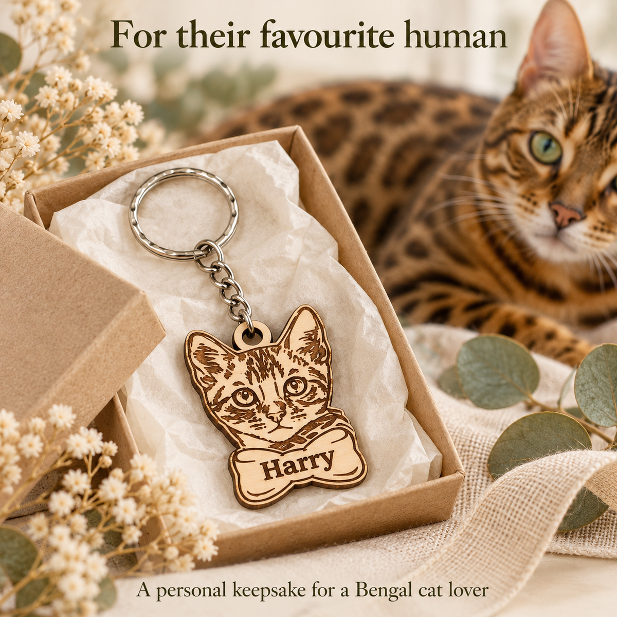 Harry Bengal cat keyring in a gift arrangement with a brown rosetted Bengal cat, a personal keepsake for a cat lover