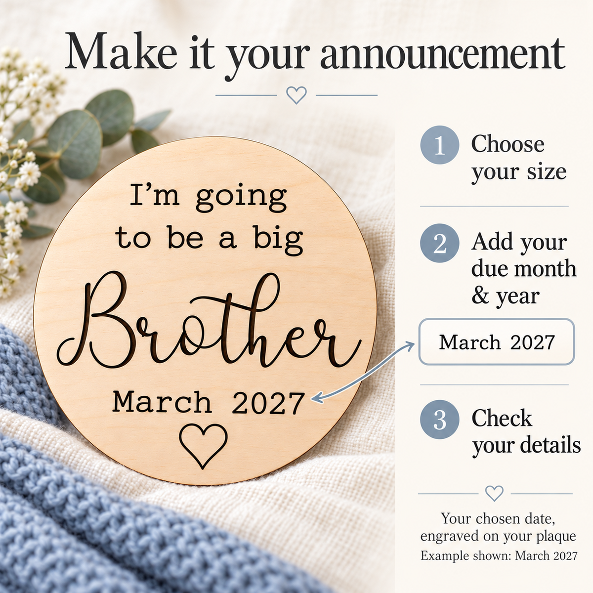 Personalisation guide showing how to choose a size and add a due month and year to the big brother sign