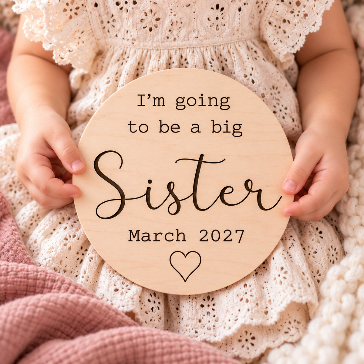 Child holding a personalised wooden big sister plaque showing the engraved due month and year