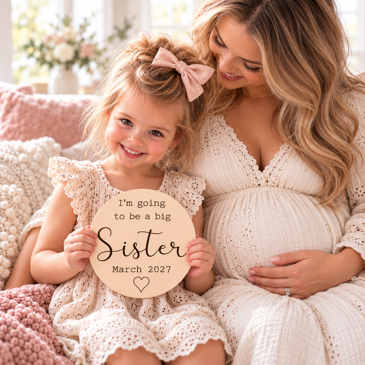 Pregnant mother and daughter with a personalised big sister sibling reveal sign