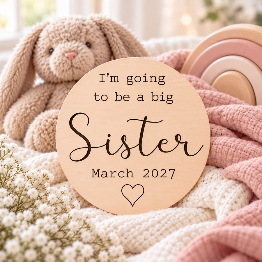 Big sister announcement plaque with dark engraving beside a soft bunny and pink nursery blanket