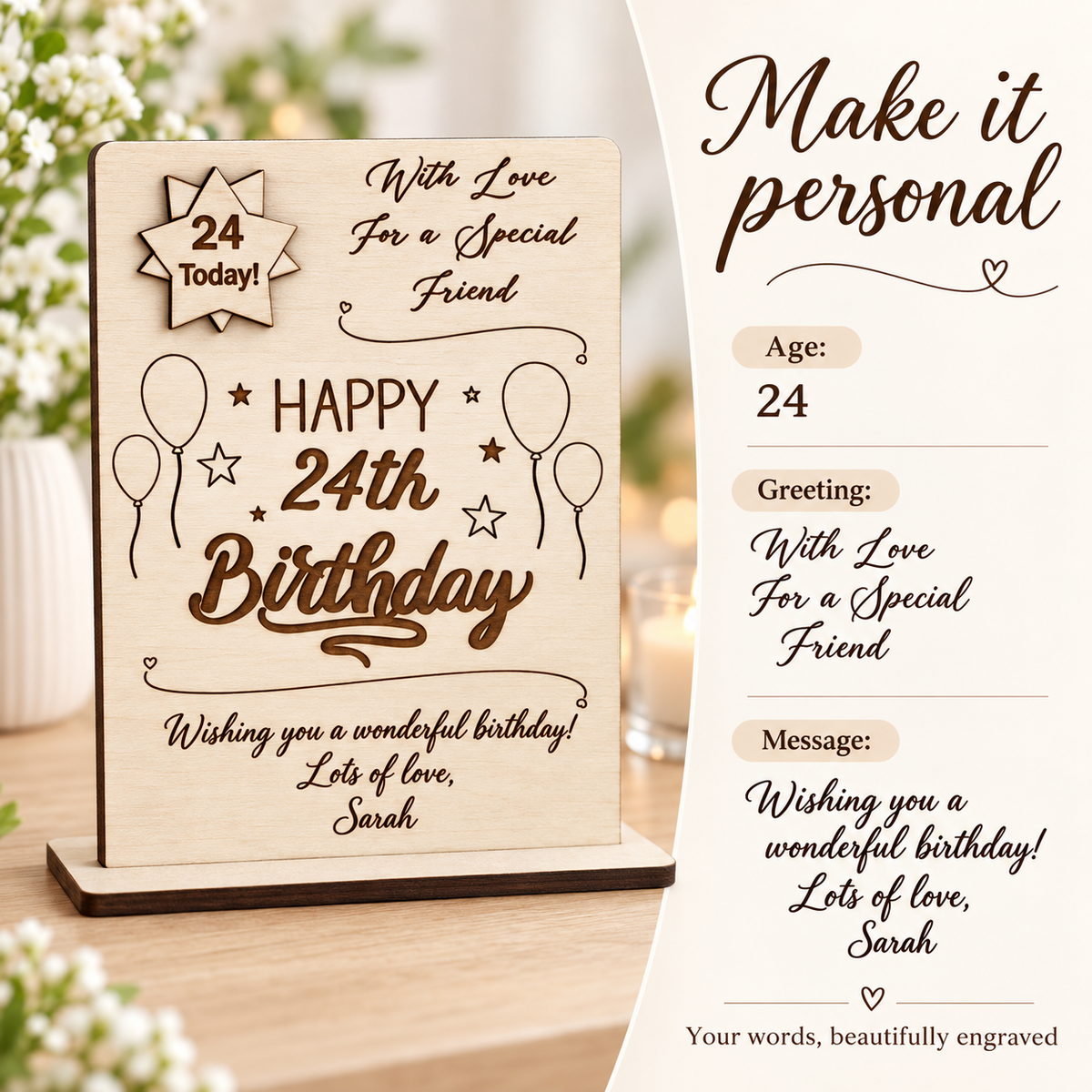 Guide to personalising the age, greeting and message on a wooden birthday card