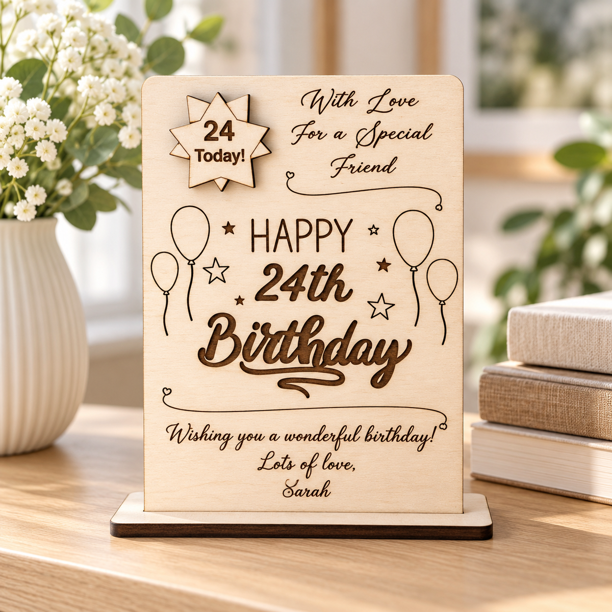 Freestanding wooden birthday keepsake displayed on an oak shelf