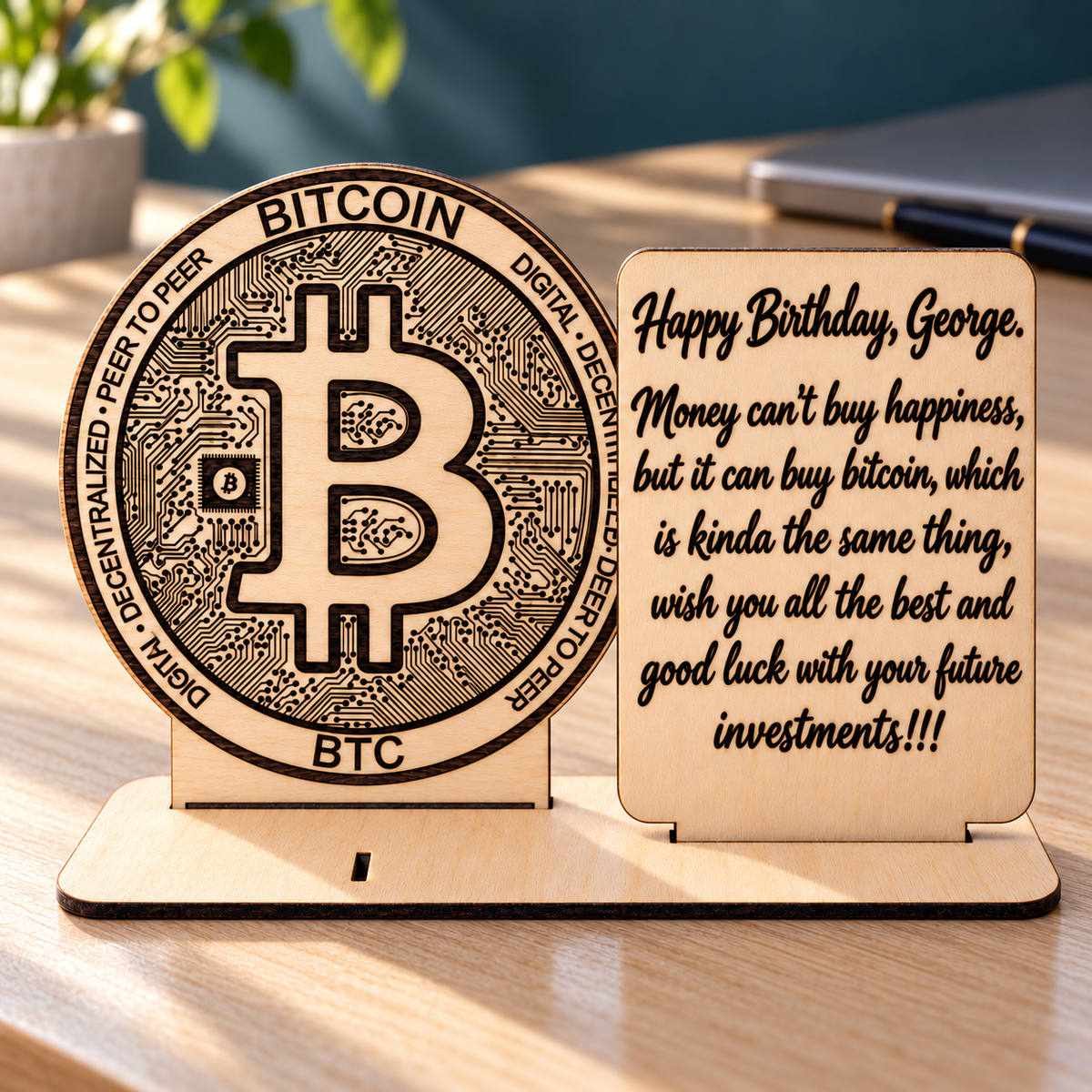 Personalised wooden Bitcoin desk ornament displayed without the optional banknote holder