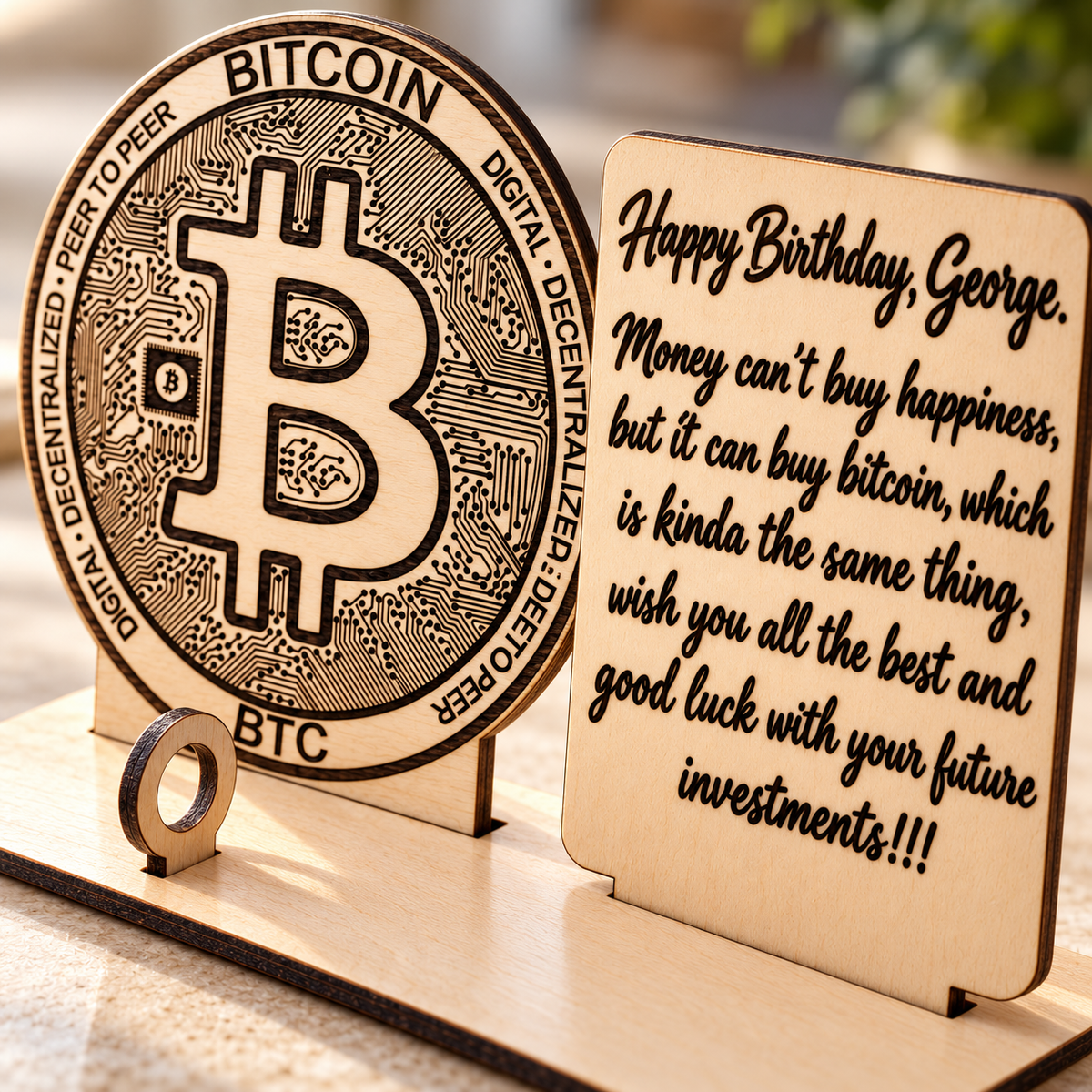 Close-up of black laser-engraved Bitcoin circuit detail and personalised message on natural birch plywood