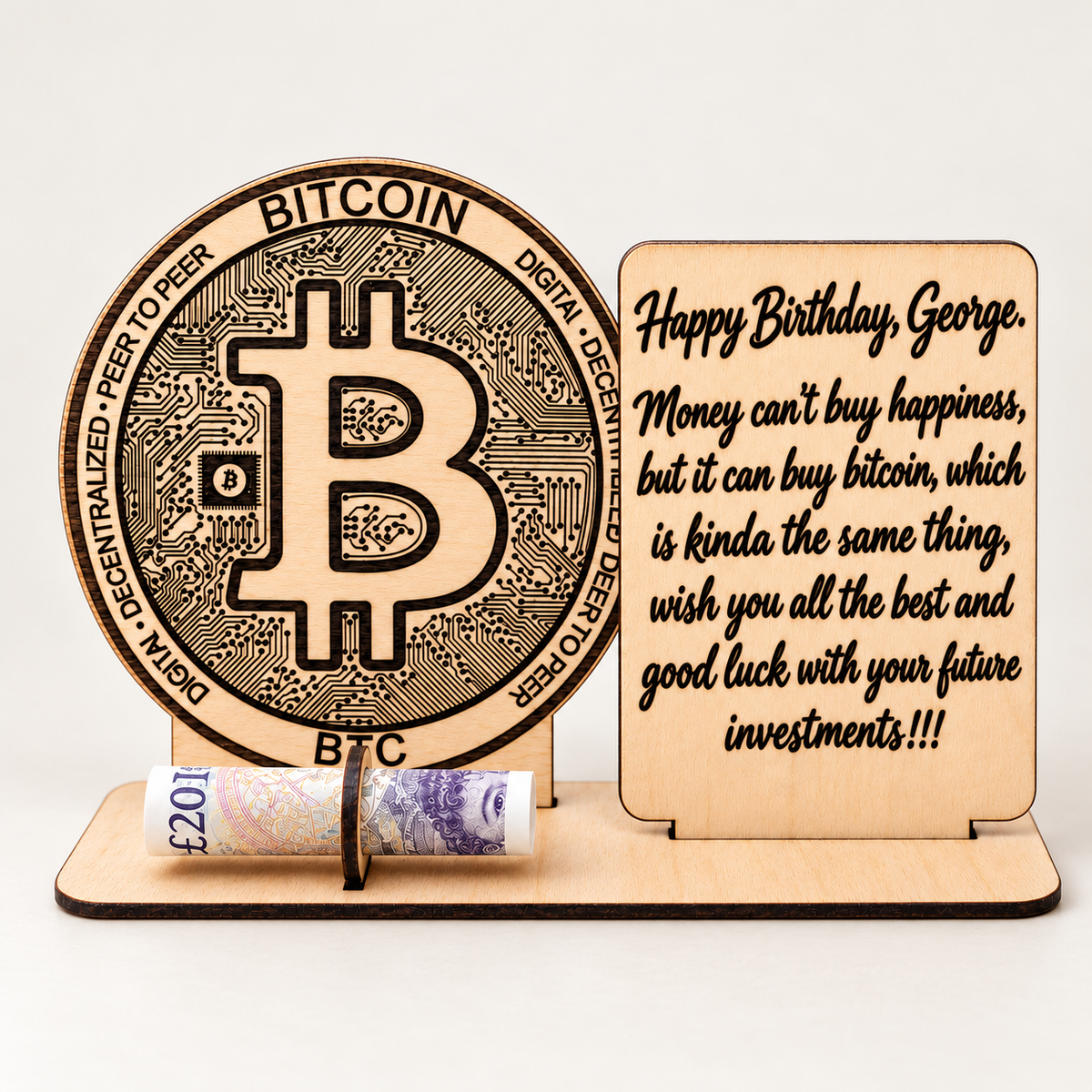 Wooden Bitcoin money holder with personalised birthday message in black script on a pale studio background