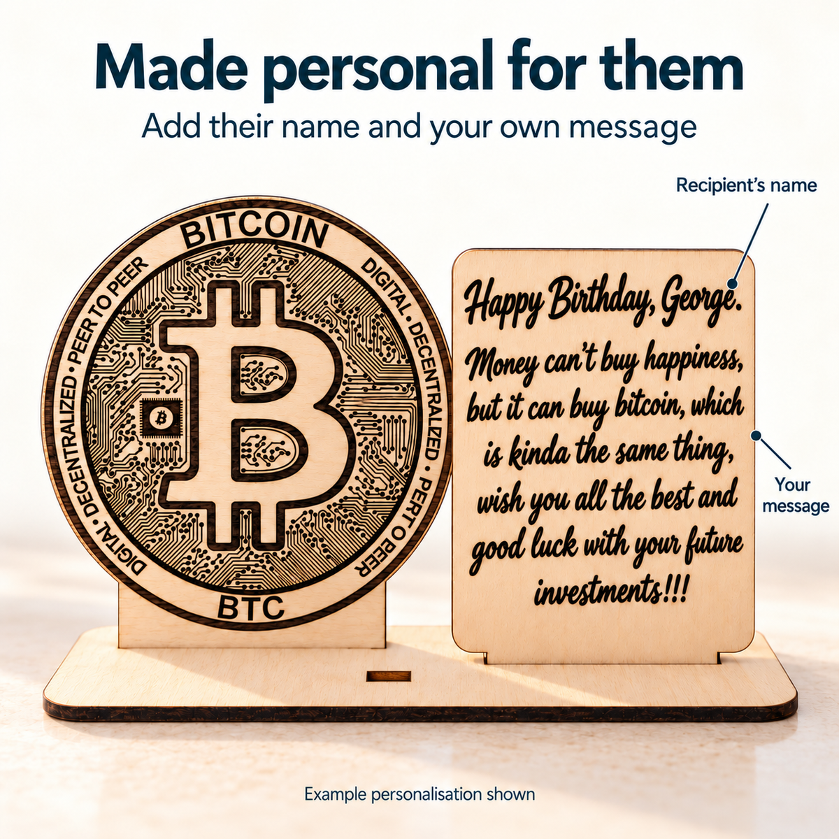 Bitcoin gift personalisation guide showing where the recipient name and custom message are engraved