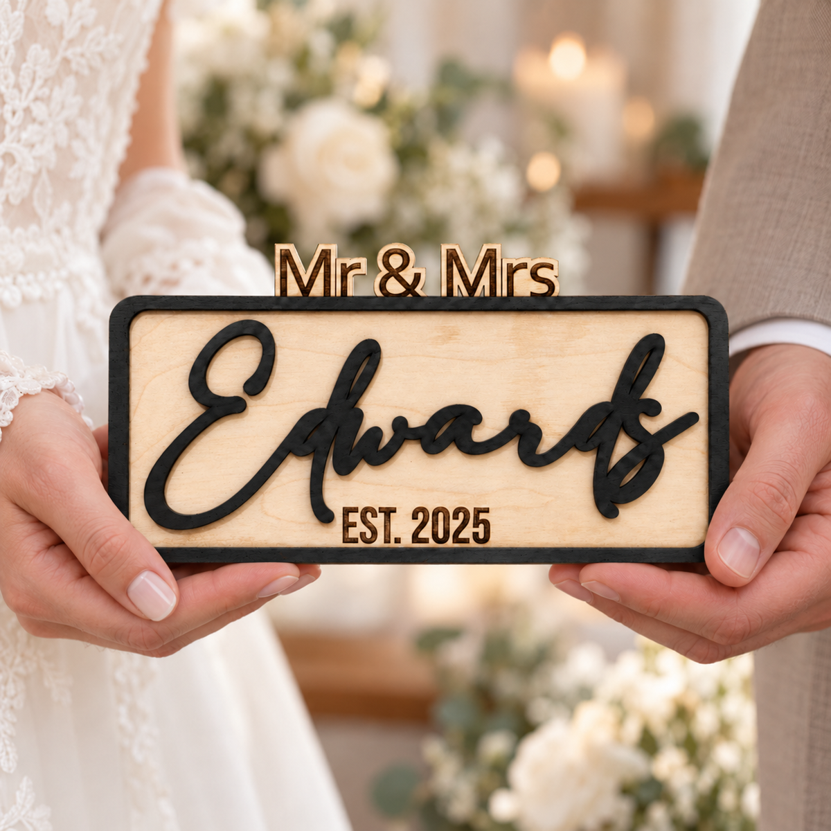 Wedding couple holding a black personalised Mr & Mrs Edwards wooden surname sign