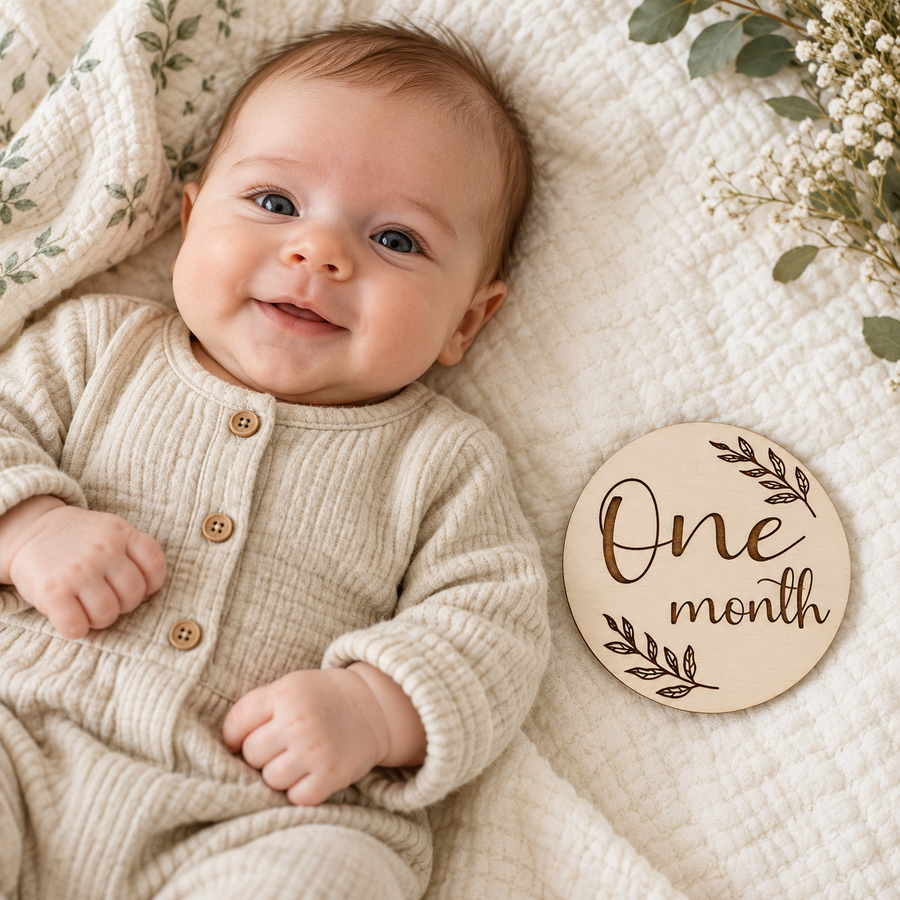 One month wooden baby photo card beside a baby on a cream blanket