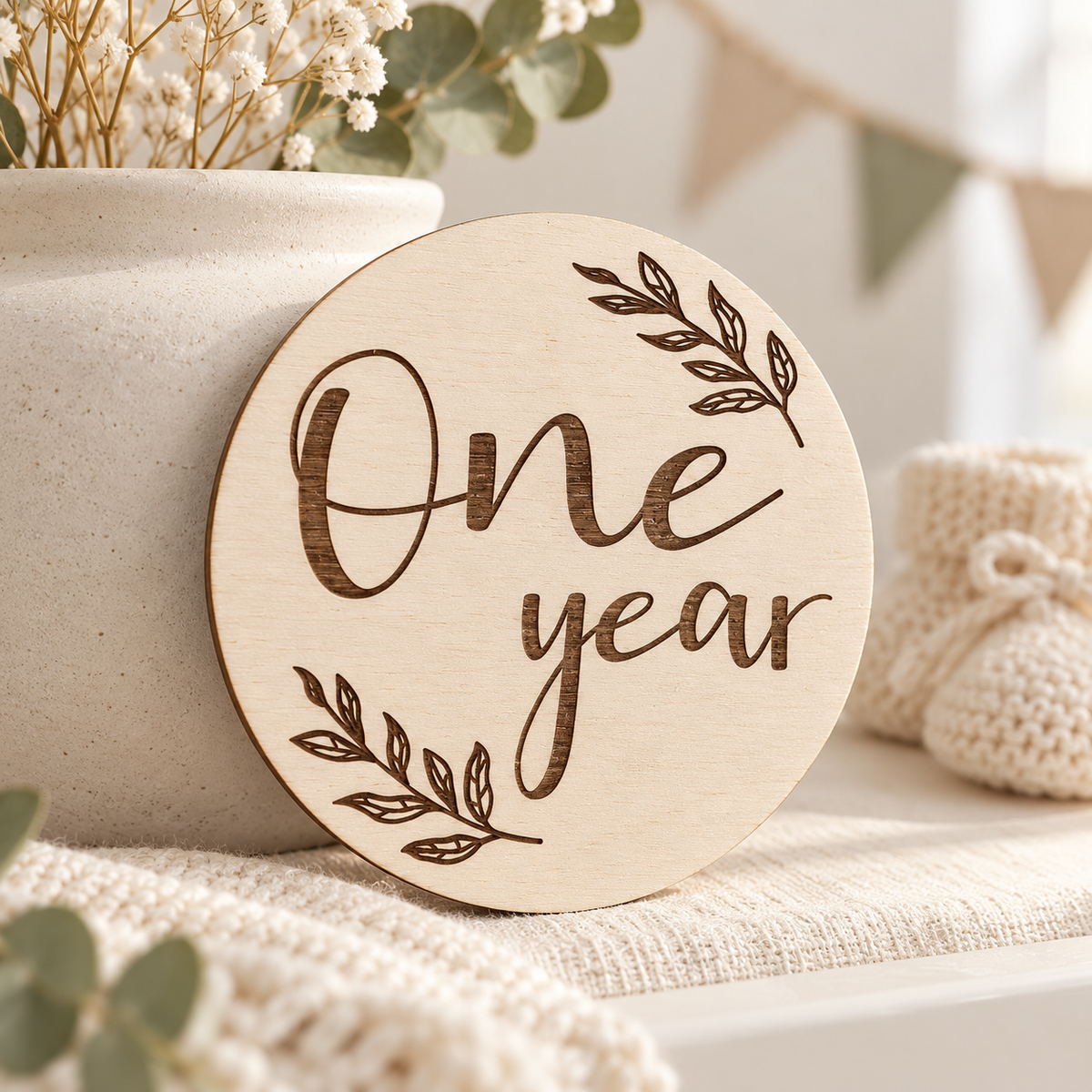 One year engraved wooden card styled for a first birthday photograph