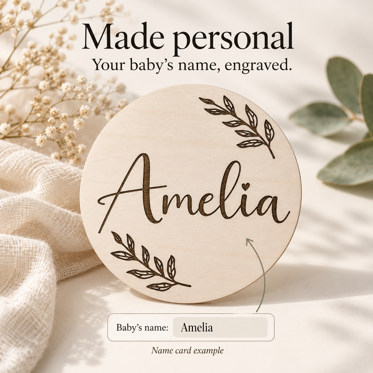 Amelia engraved name card with an example of baby name personalisation