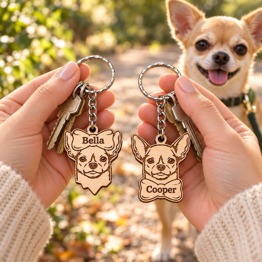 Bella top bow and Cooper bottom bow wooden Chihuahua keyrings held with house keys on a park walk, with a fawn Chihuahua in the background