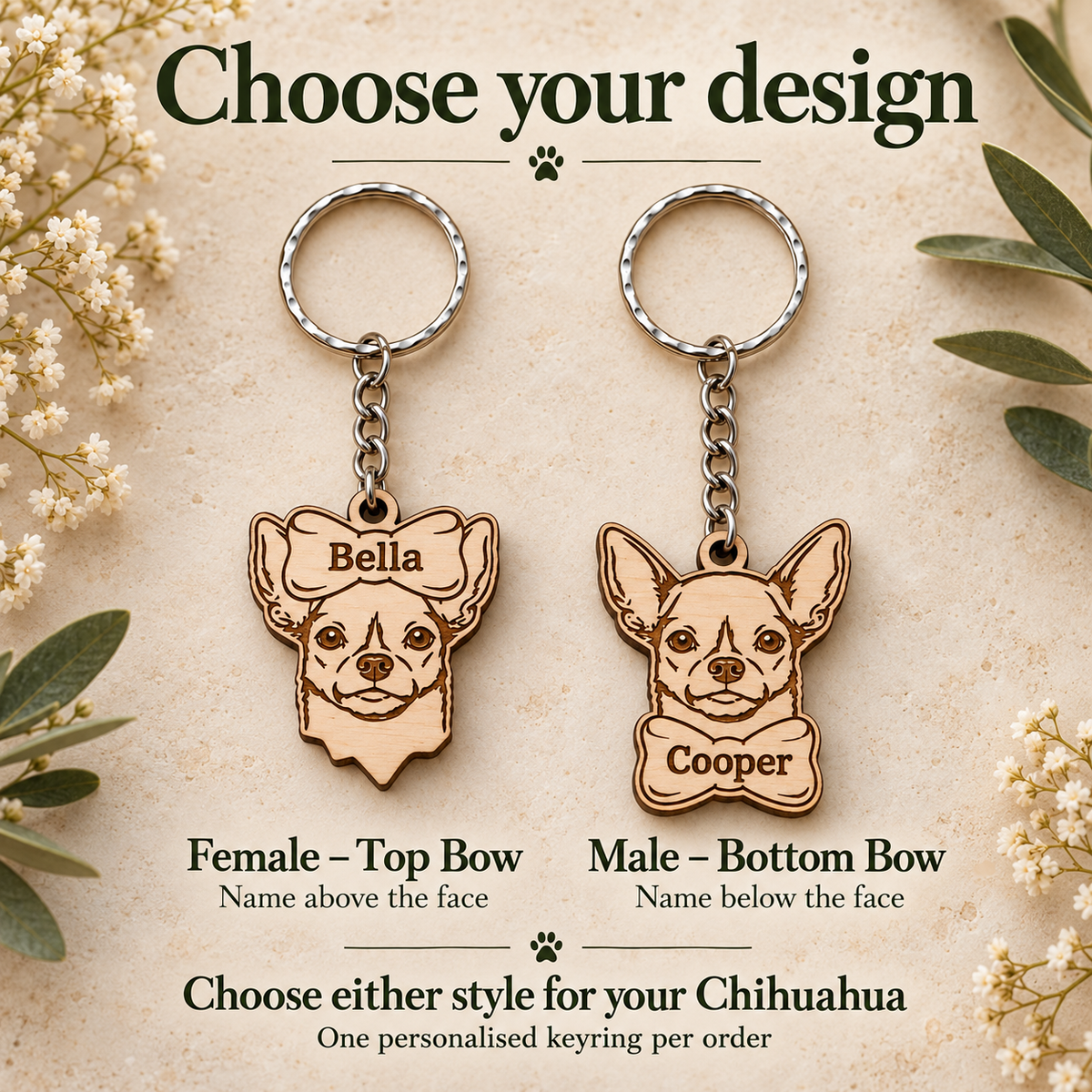 Chihuahua keyring design guide comparing Bella top bow and Cooper bottom bow, one personalised keyring per order