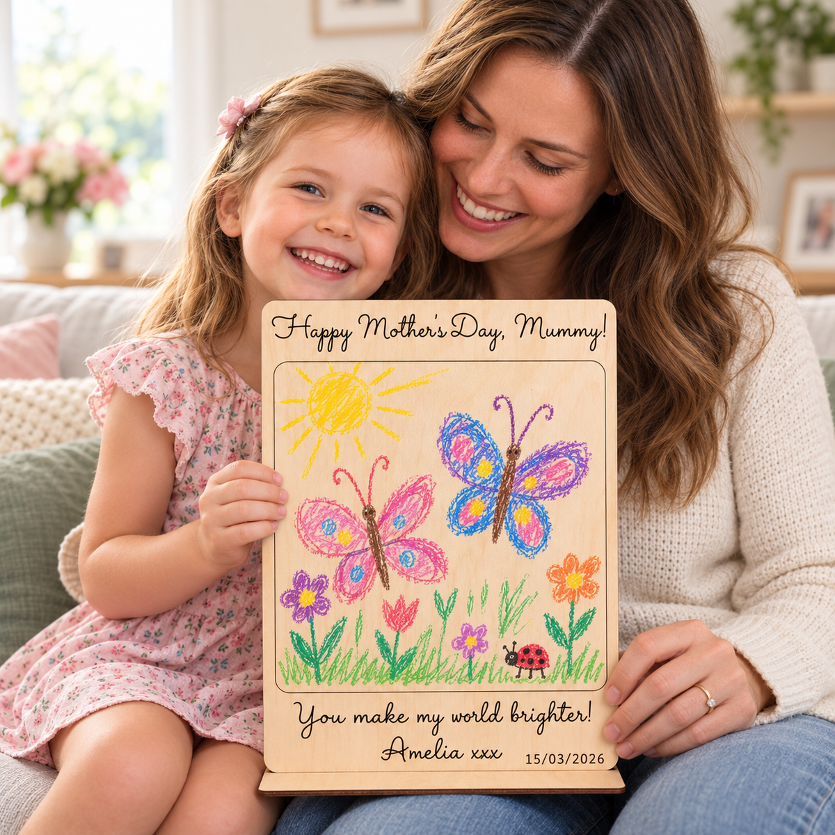 Mother and daughter holding a personalised Mother's Day wooden drawing gift with a colourful crayon butterfly garden and dark engraving.
