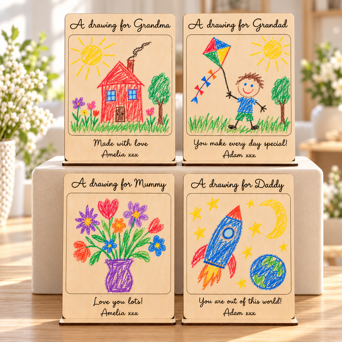 Four personalised wooden drawing plaques for Grandma, Grandad, Mummy and Daddy arranged symmetrically on a cream display plinth and oak table.