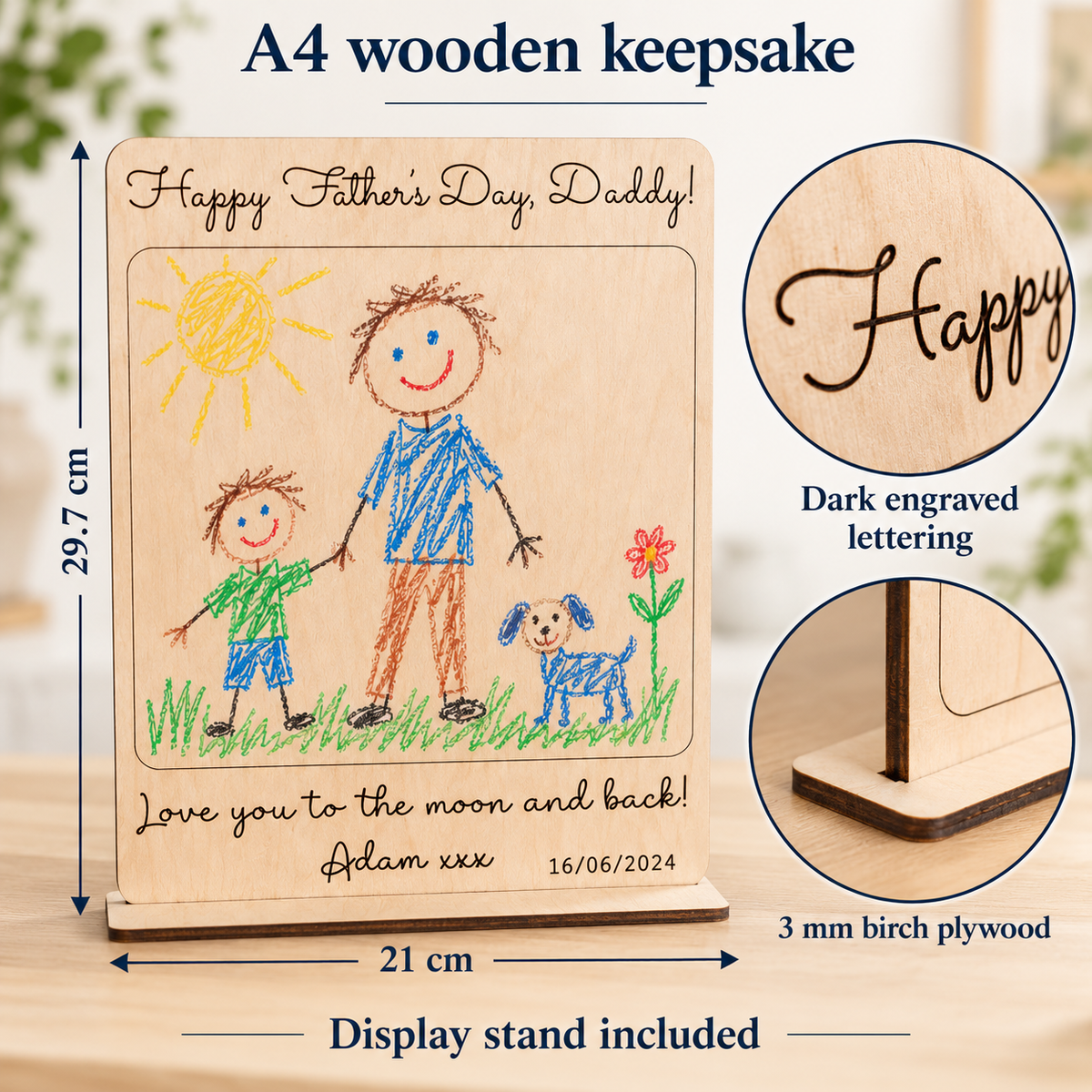 A4 wooden drawing keepsake measuring 21 by 29.7 cm, with close-ups of dark engraving, 3 mm birch plywood and included display stand.