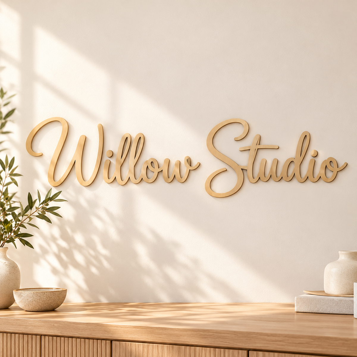 Gold Willow Studio custom wooden lettering displayed on a warm neutral wall