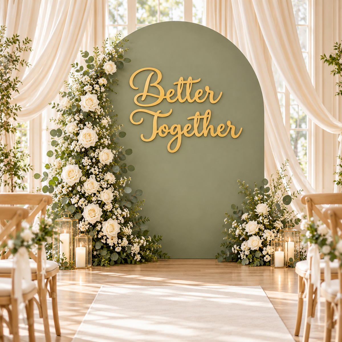 Gold Better Together wooden wedding lettering on a sage backdrop with flowers and chairs in a wedding venue.