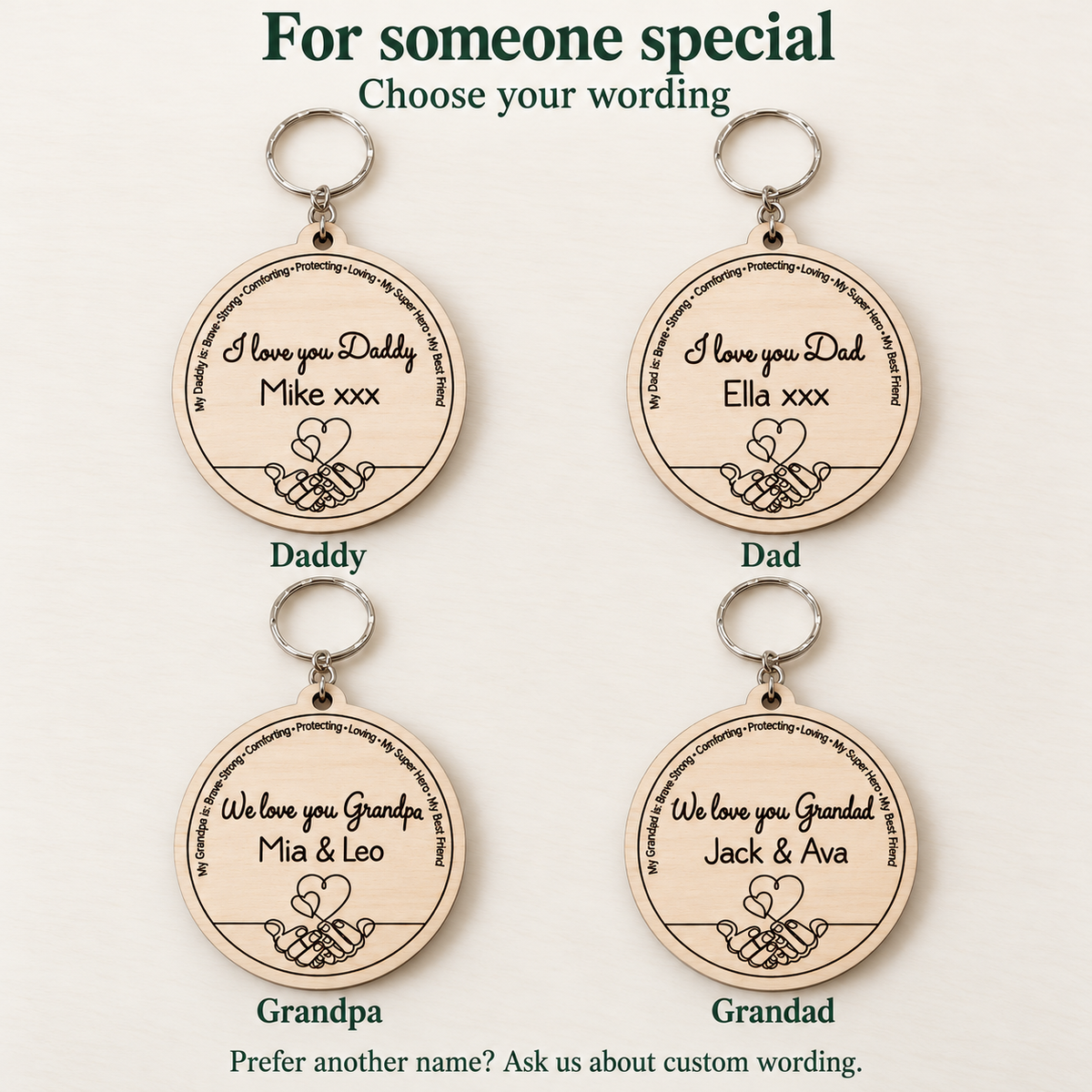 Four personalised wooden keyring examples showing Daddy, Dad, Grandpa and Grandad messages with different engraved names