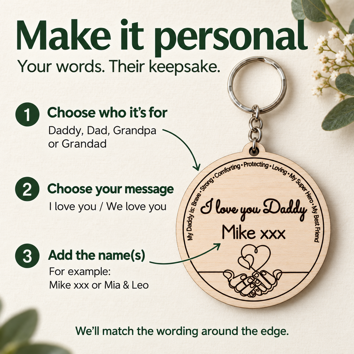 Wooden keyring personalisation guide: choose Daddy, Dad, Grandpa or Grandad wording, I or We Love You, and add your own names