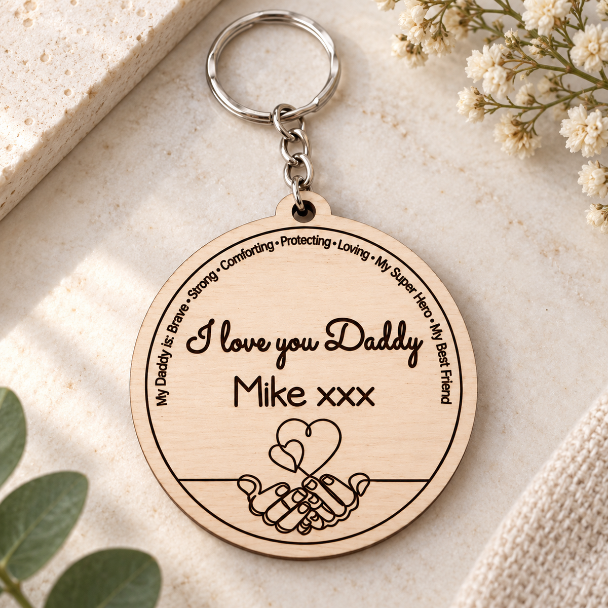 Close-up of dark laser engraving on natural birch wood with I Love You Daddy message, Mike xxx name and pinky promise illustration