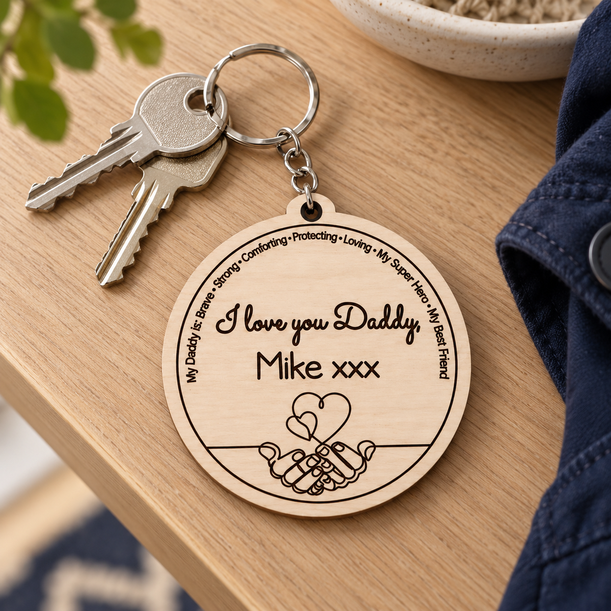 Personalised I Love You Daddy wooden keyring with custom name attached to two house keys on a pale oak console