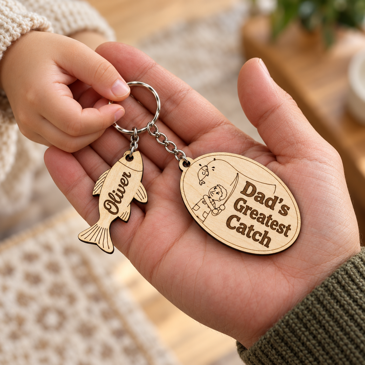 Child giving Dad's Greatest Catch fishing keyring with one fish charm engraved Oliver to Dad