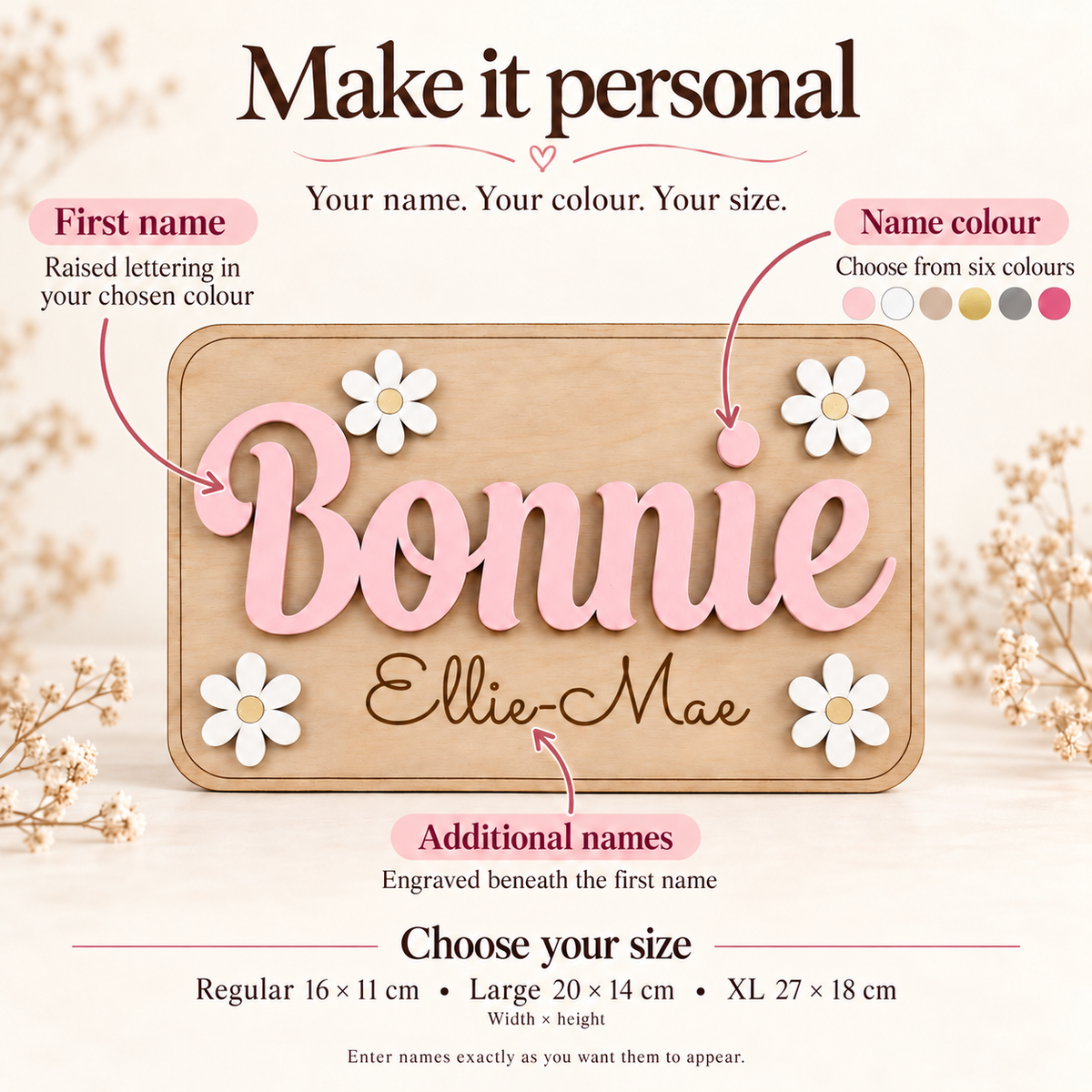 How to personalise the raised first name and optional engraved additional names on a daisy plaque