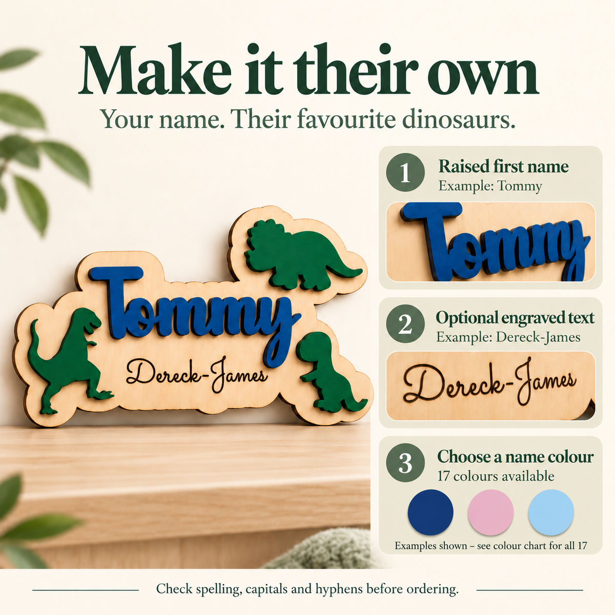 How to personalise the dinosaur door sign: raised Tommy name, optional engraved Dereck-James wording and a choice of 17 name colours.