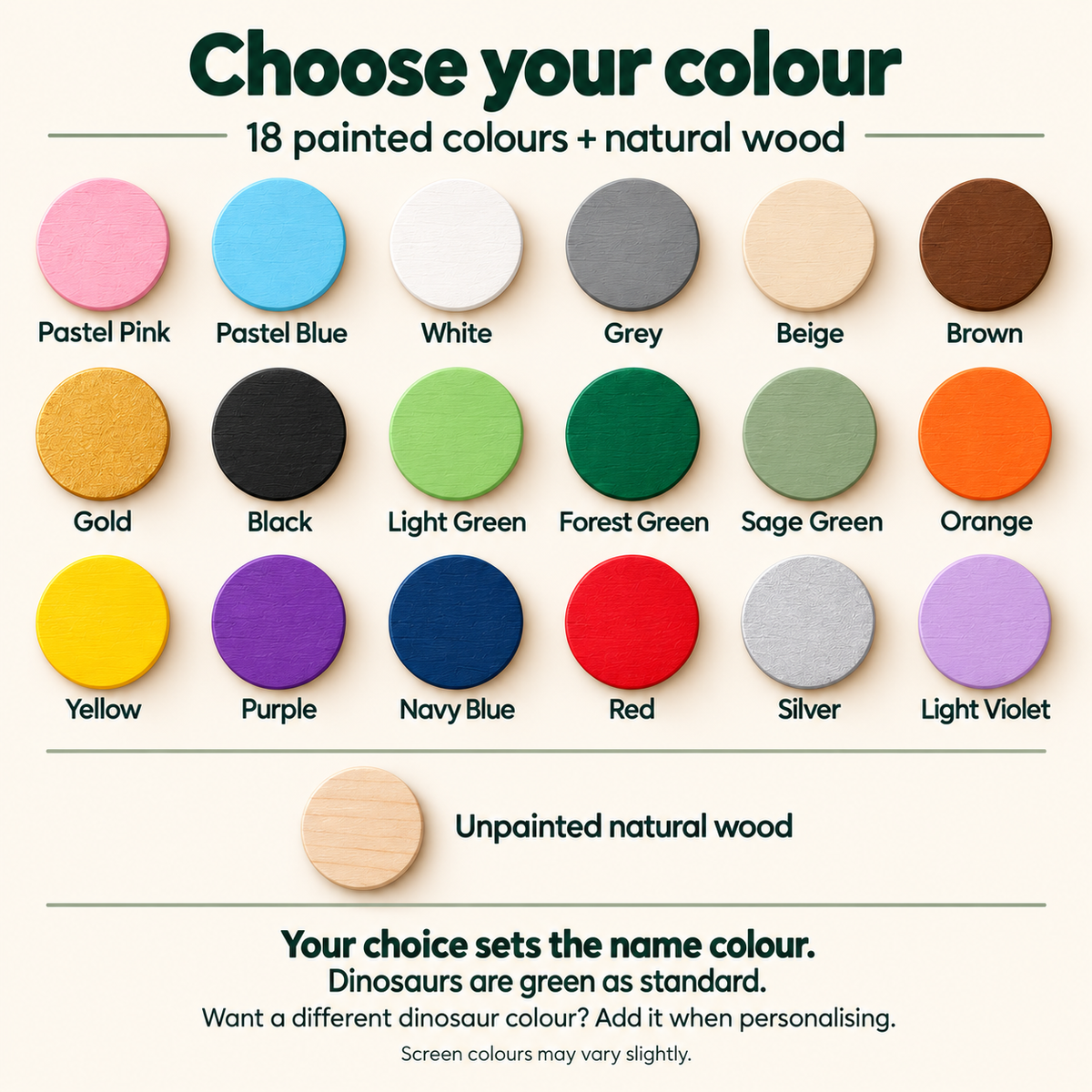 Clear colour chart with 18 painted name colours and separate Unpainted natural wood; dinosaur colour can be requested when personalising