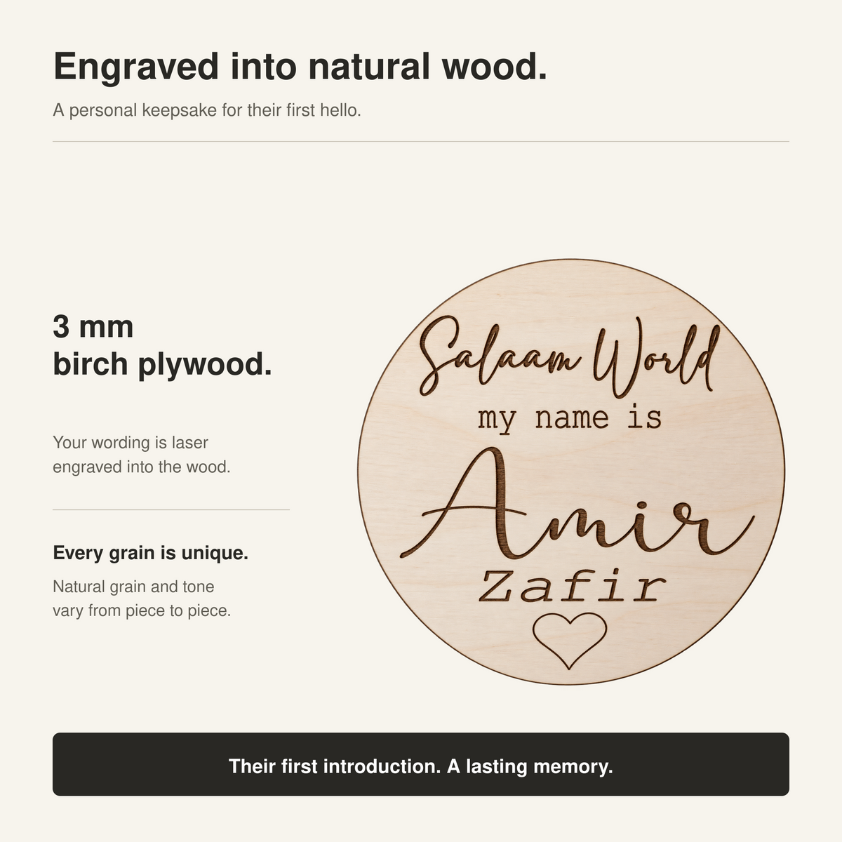Material guide showing 3 mm birch plywood, natural wood grain and lettering engraved into the surface