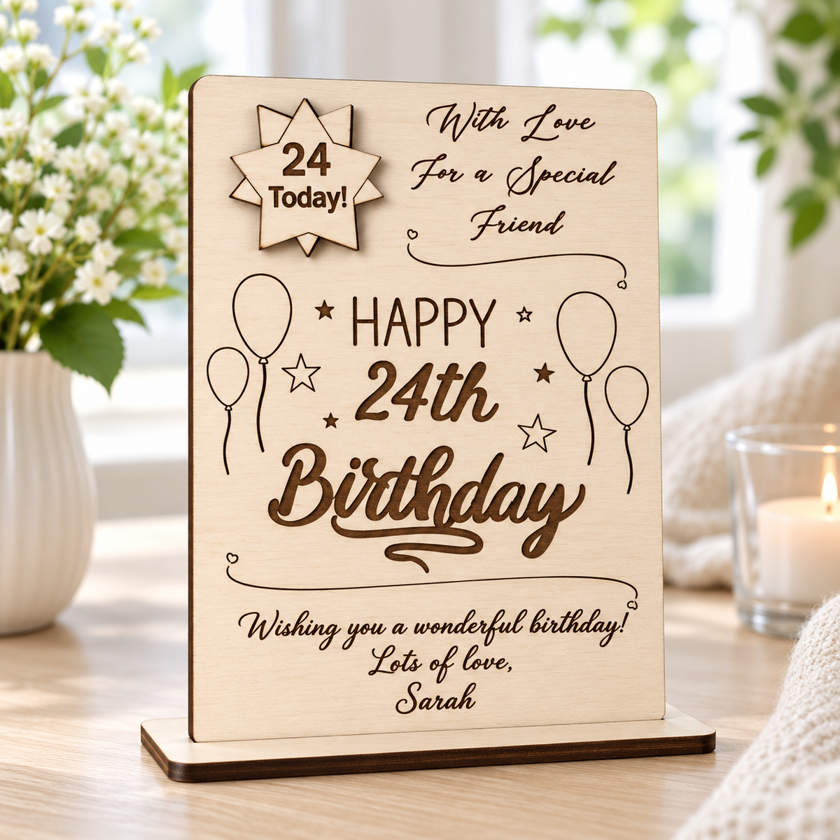Dark birthday engraving and star badge on a natural birch keepsake card
