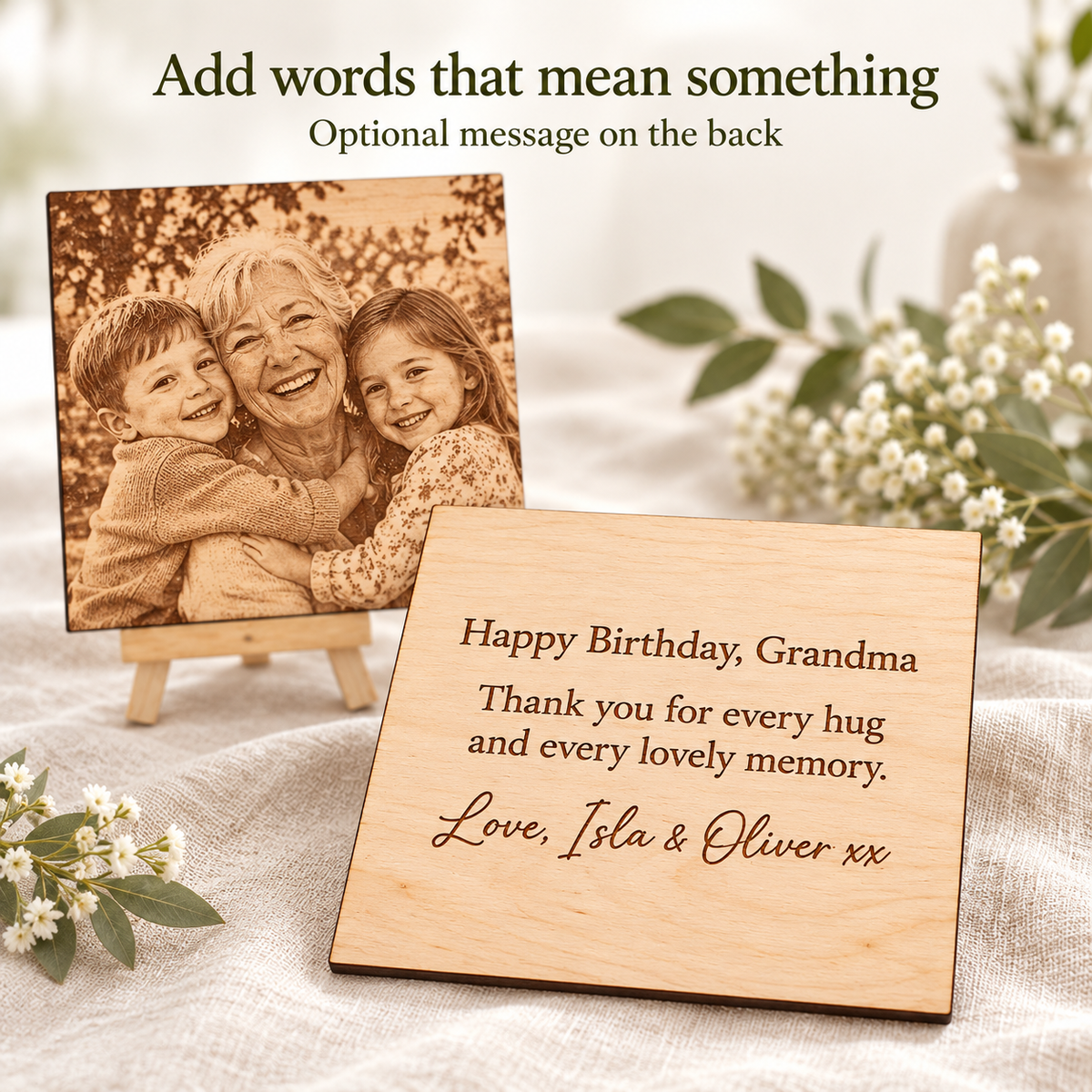 Personalised wooden photo plaque with a family portrait and an optional birthday message engraved on the back for Grandma