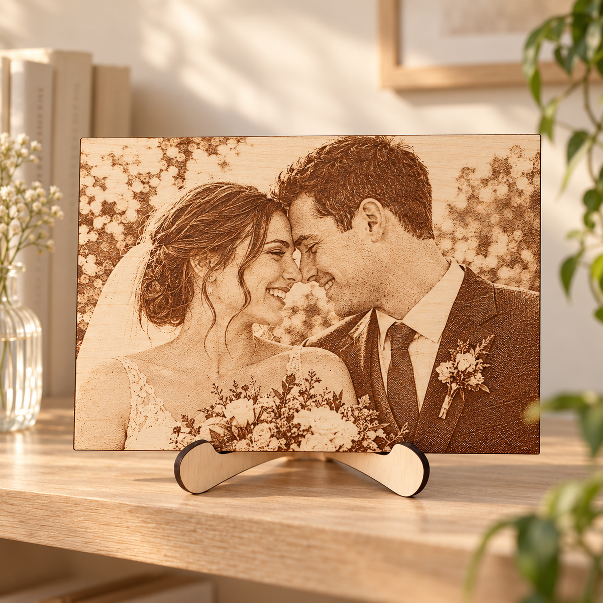 Wedding portrait engraved onto a rectangular birch wooden photo plaque displayed on the included wooden stand