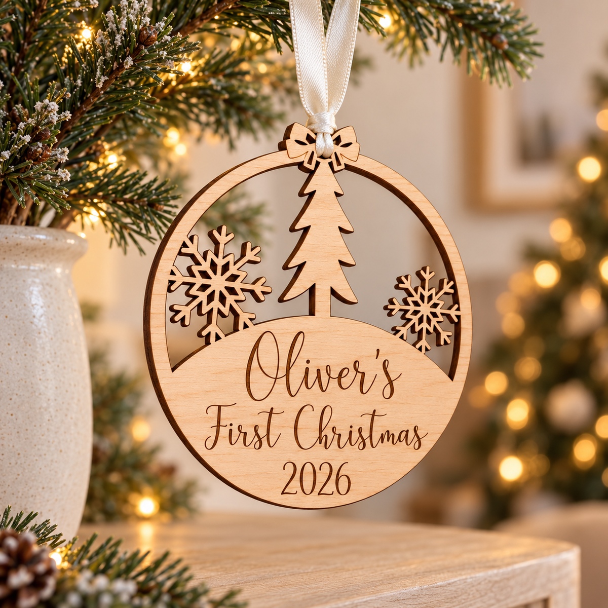 Engraved wooden baby Christmas keepsake with Oliver's name, First Christmas 2026 and a cream ribbon in a cosy festive home