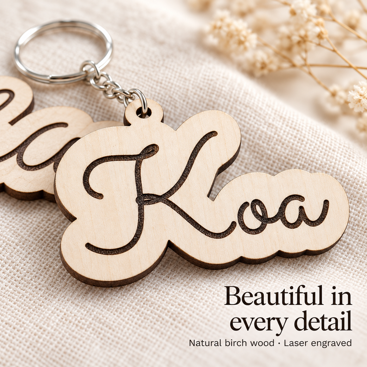Close-up of a Koa wooden name keyring showing engraved lettering, natural wood grain and the laser-cut outline.