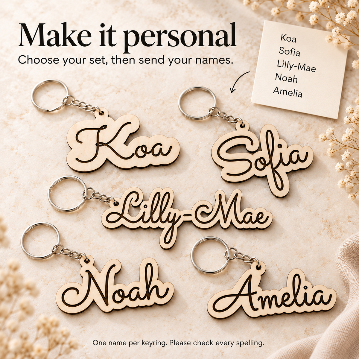 Five wooden keyrings showing individual names with an example name list for a personalised pack.